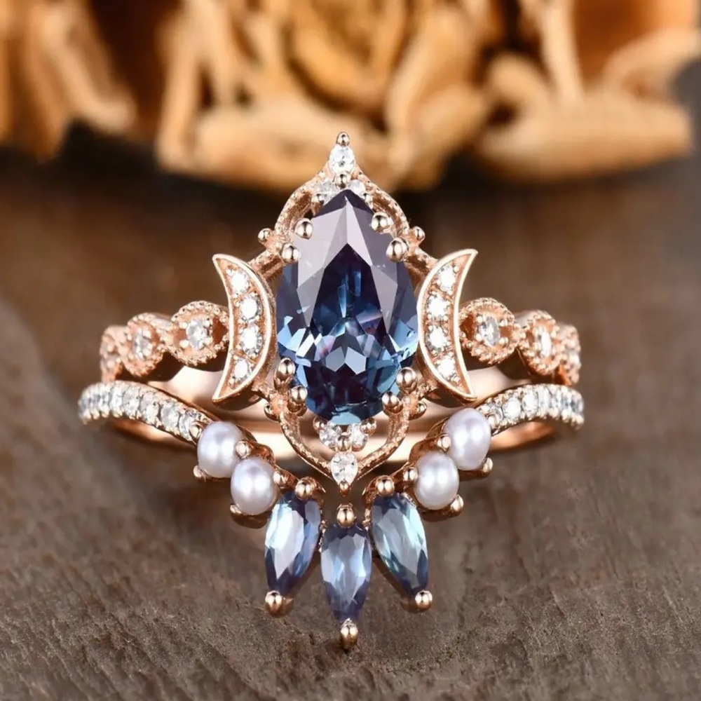 Mystic Moon Goddess Ring – Celestial Blue Crystal & Pearl Statement Jewelry